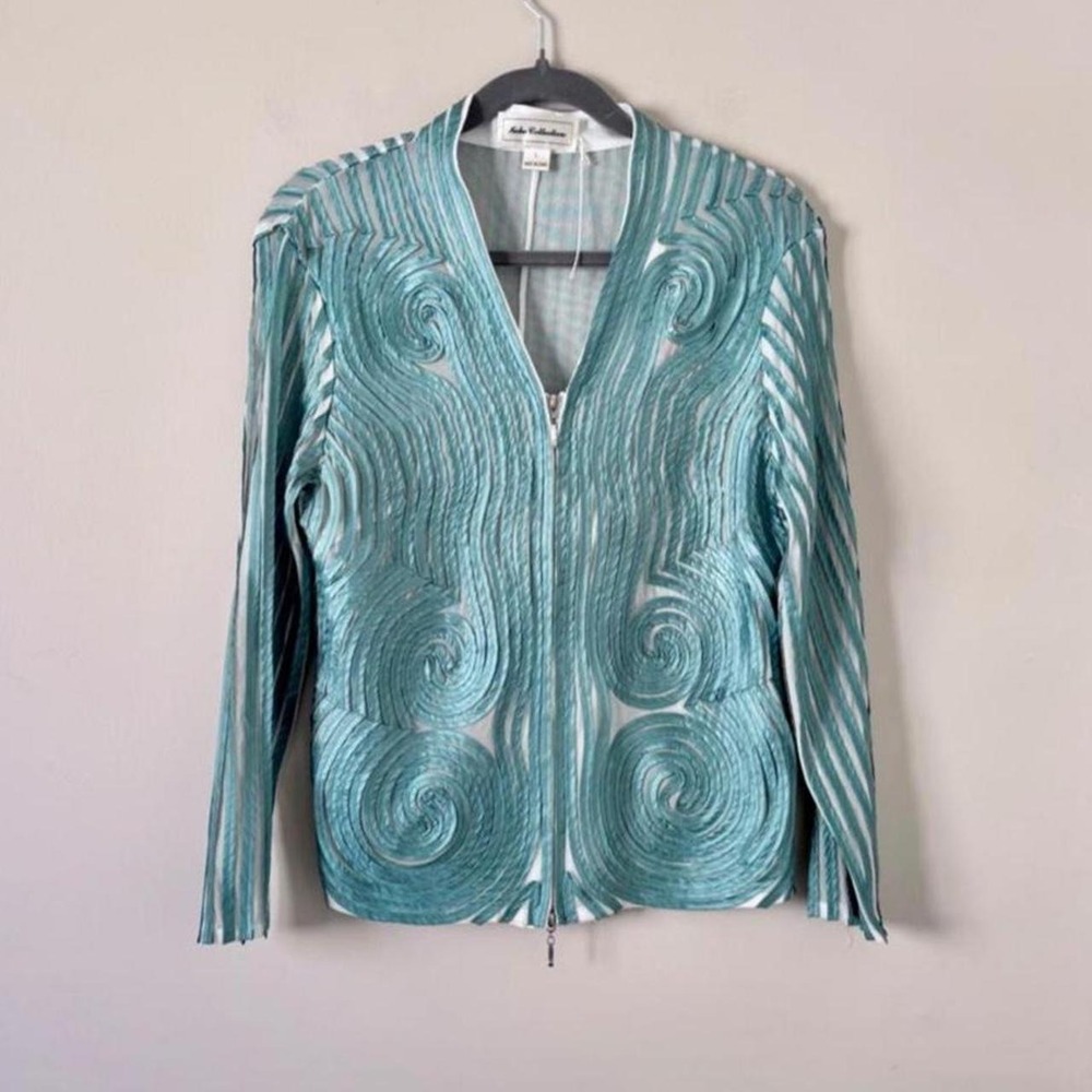 White + Blue Mesh Satin Swirl Jacket Large y2k teal Keke Collective double zip